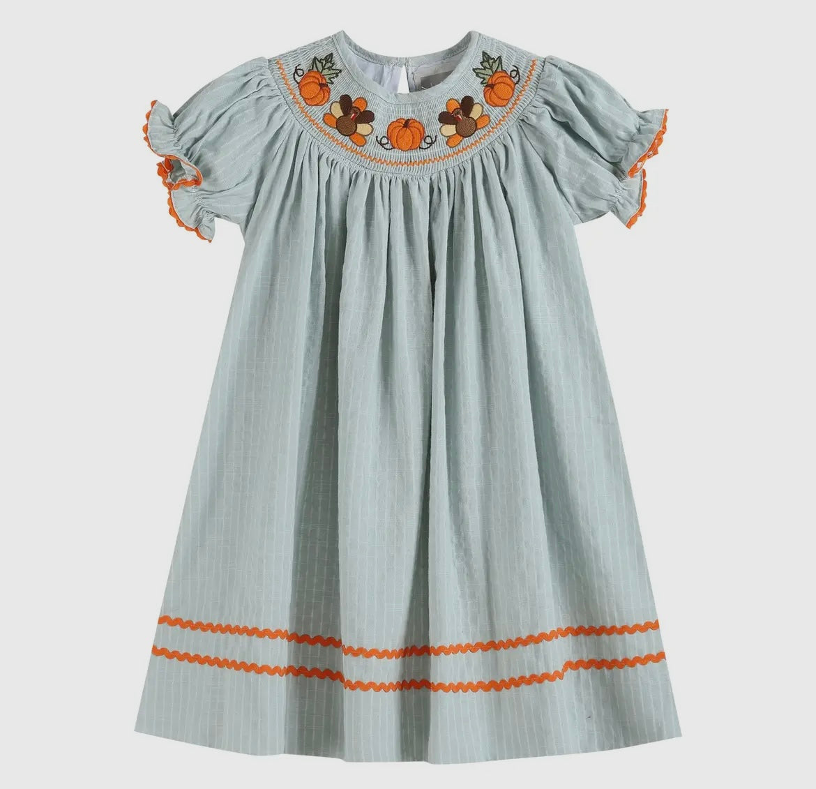 Pinstripe Turkey and Pumpkin Smocked Dress 3-6m Pinstripe Turkey and Pumpkin Smocked Dress 3-6m