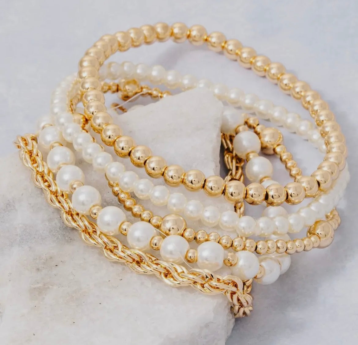 Pearl and metallic beaded bracelet set 5 layers