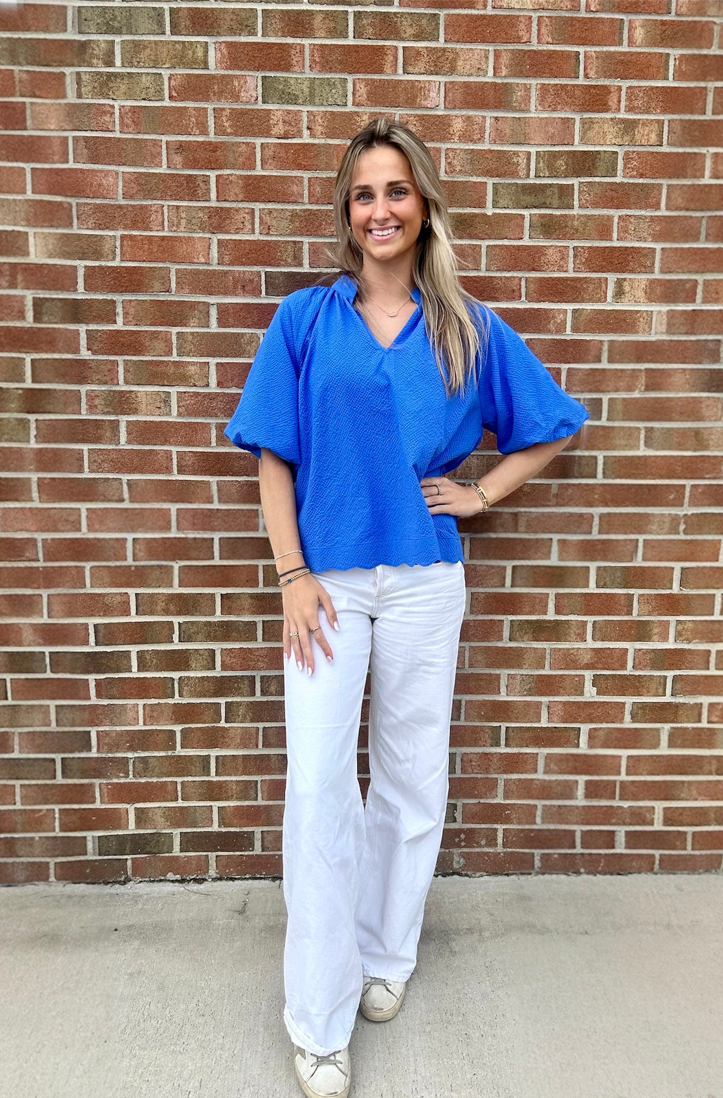 Betty Blue Bubble Sleeve Seersucker Top