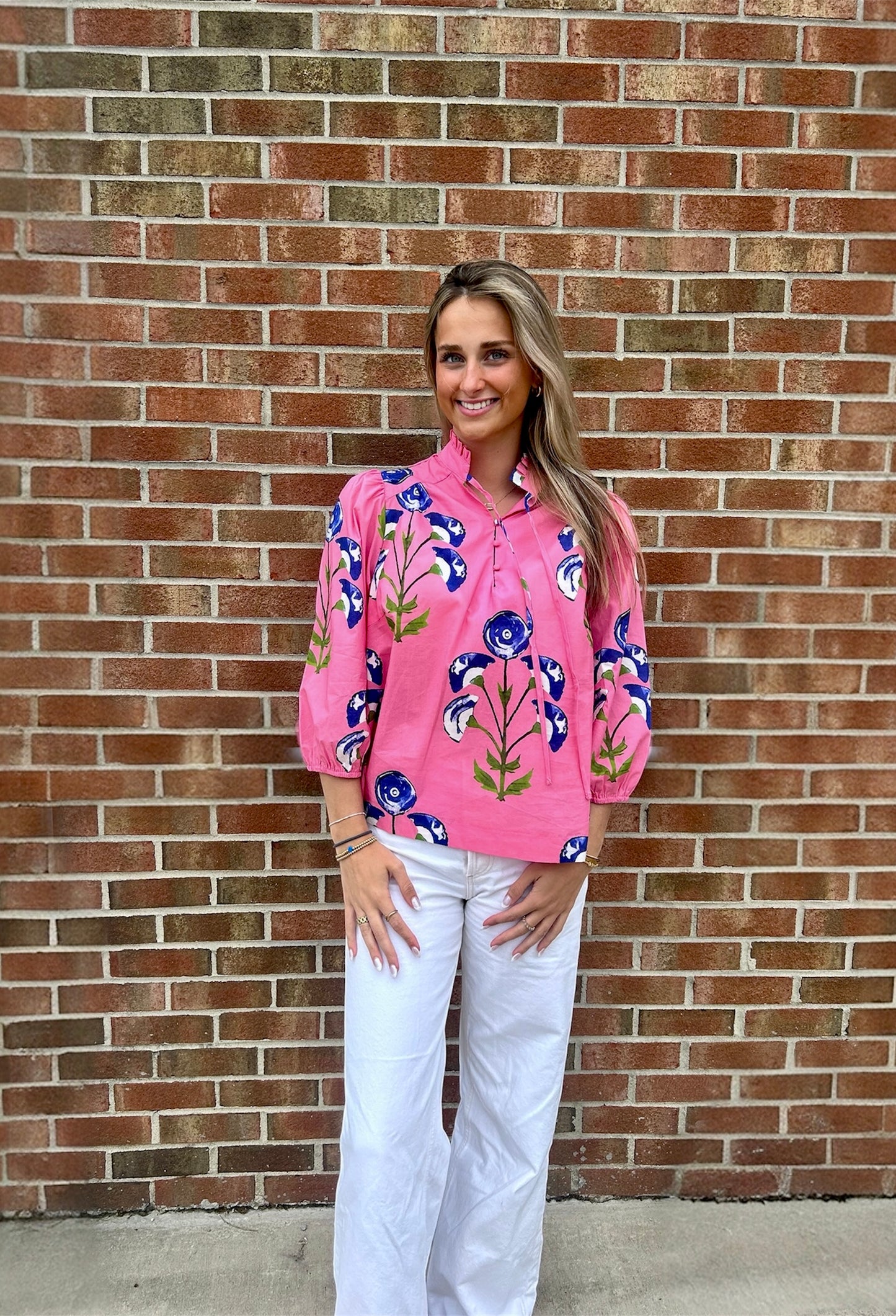 Klara Pink Blossom Tie Neck Blouse