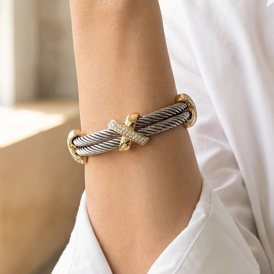 Gold Plated Two-Tone Cuff Bracelet | Layered Wire Jewelry