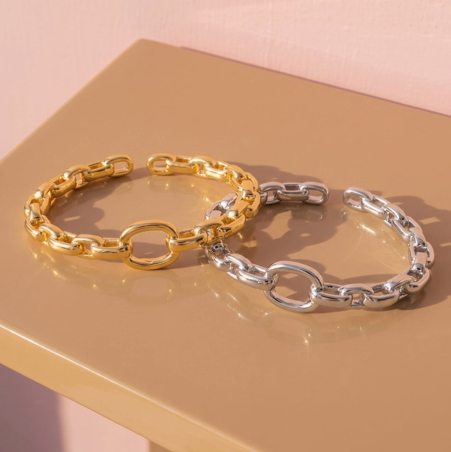 Chunky Chain Link Cuff Bracelet with Oval Ring