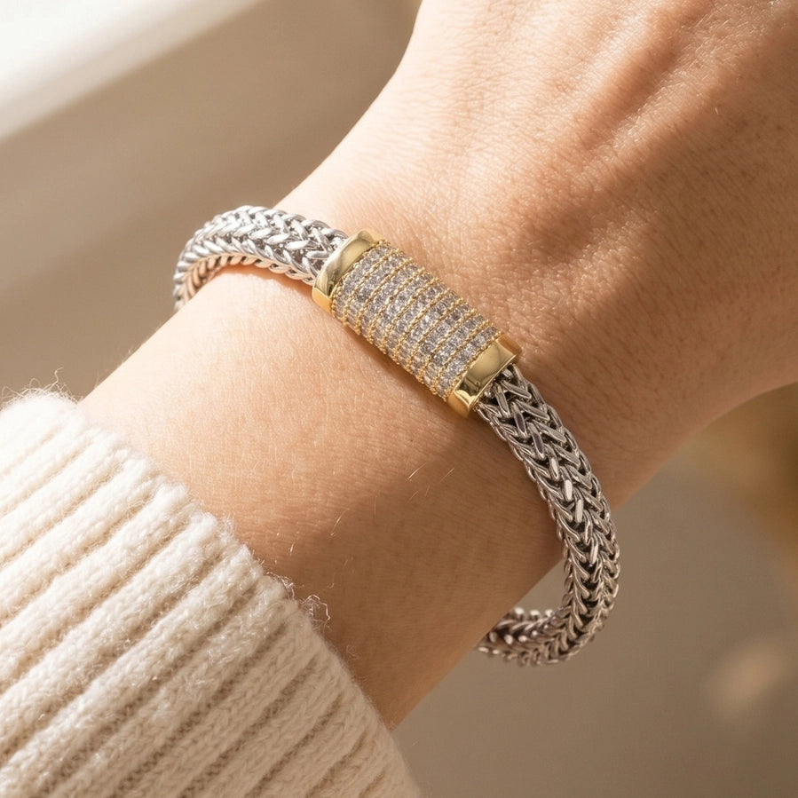 Two-Tone Woven Chain Bracelet with Pavé CZ Clasp | Women's Jewelry