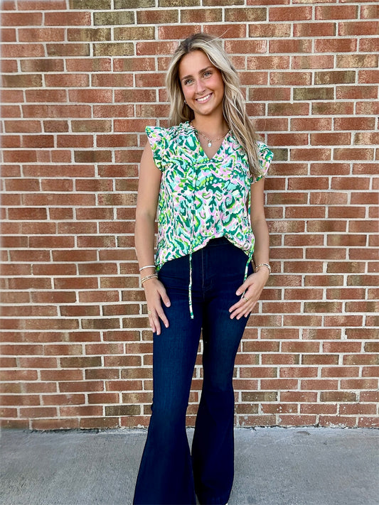 Asher Tropical Ruffle Sleeve Blouse