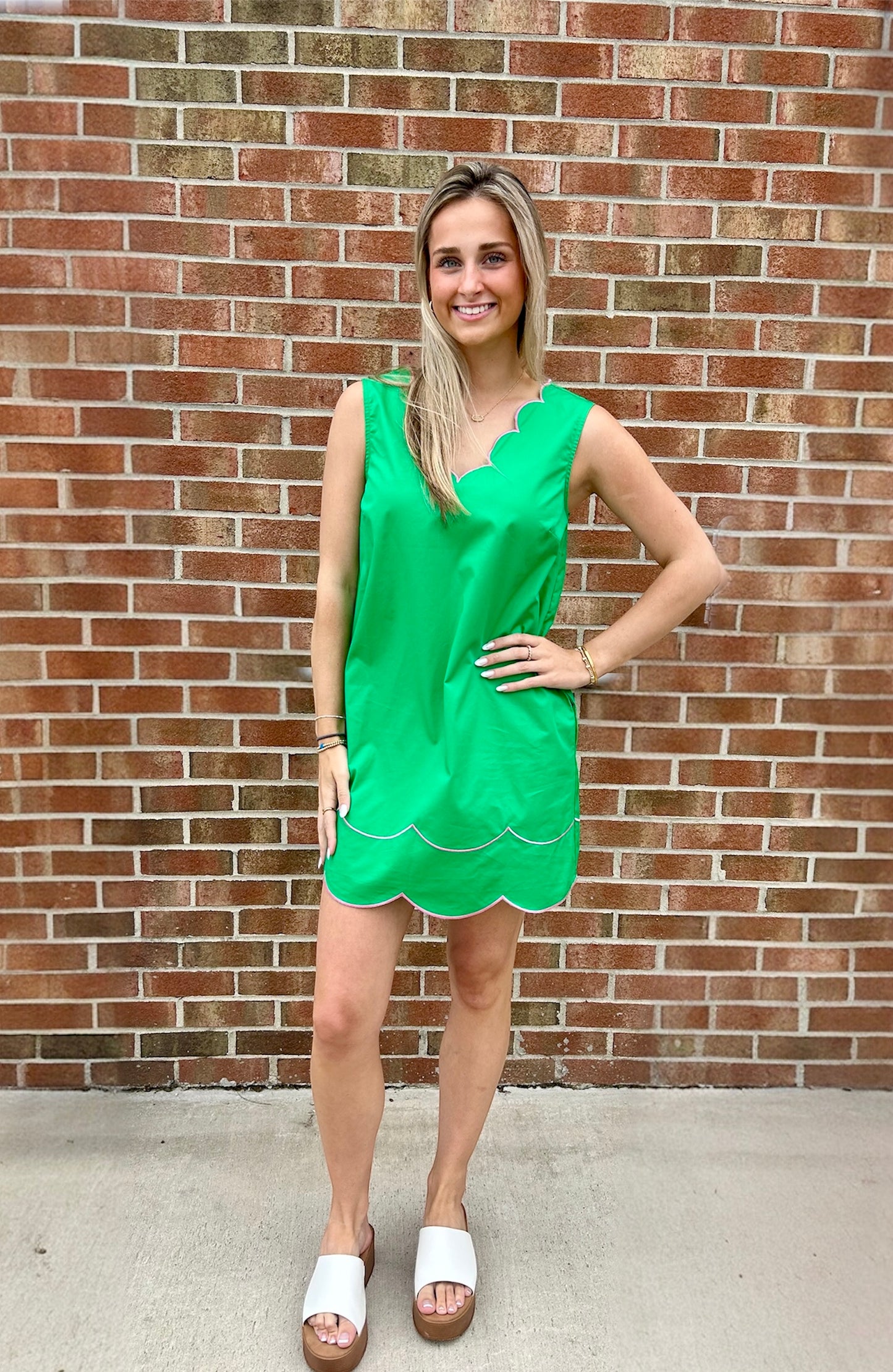 Glenda Green Shift with Pink Scallops