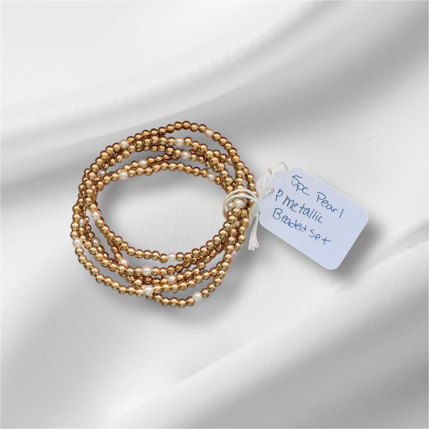 5PC Pearl and Metallic Beaded Bracelet Set