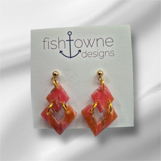 Coral and Gold Triangles Earrings