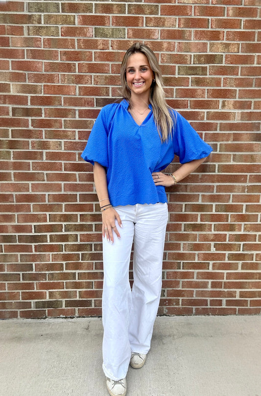 Betty Blue Bubble Sleeve Seersucker Top