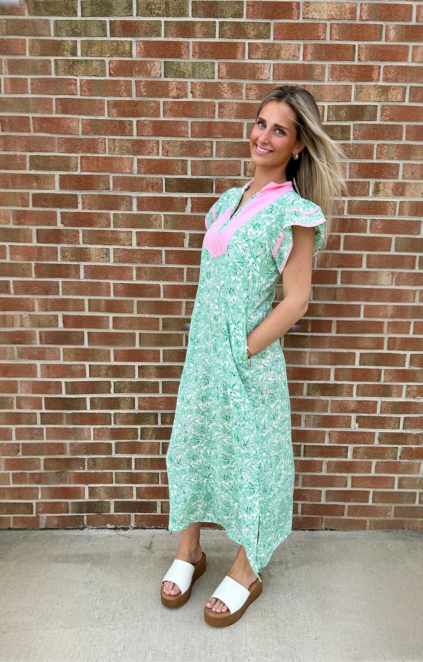Greta Green Print Maxi with Pink Trim