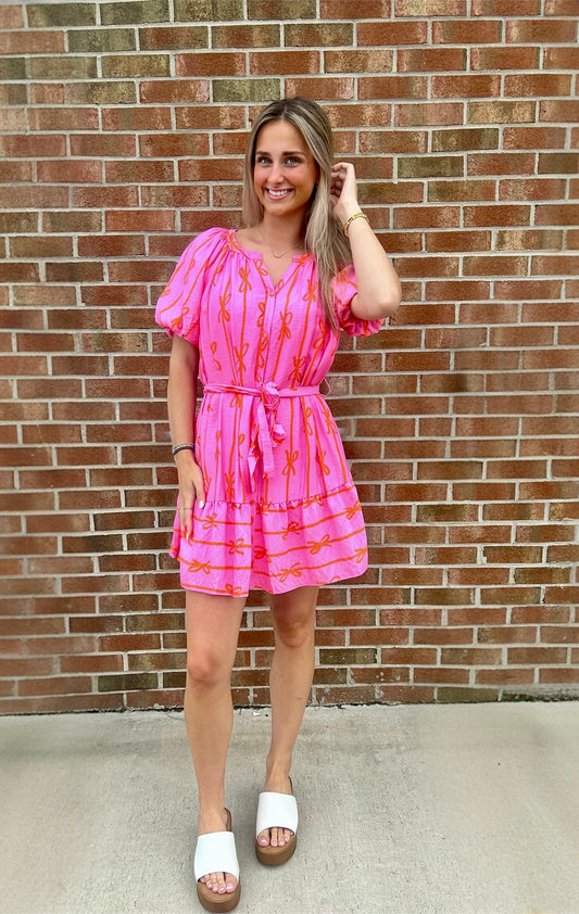 Maisie Bow Print Flutter Button Down Dress