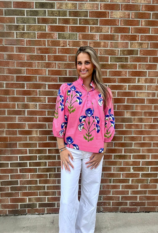 Klara Pink Blossom Tie Neck Blouse
