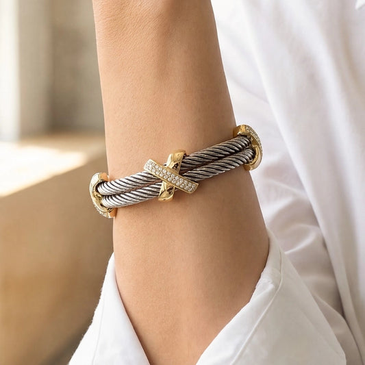 Gold Plated Two-Tone Cuff Bracelet | Layered Wire Jewelry