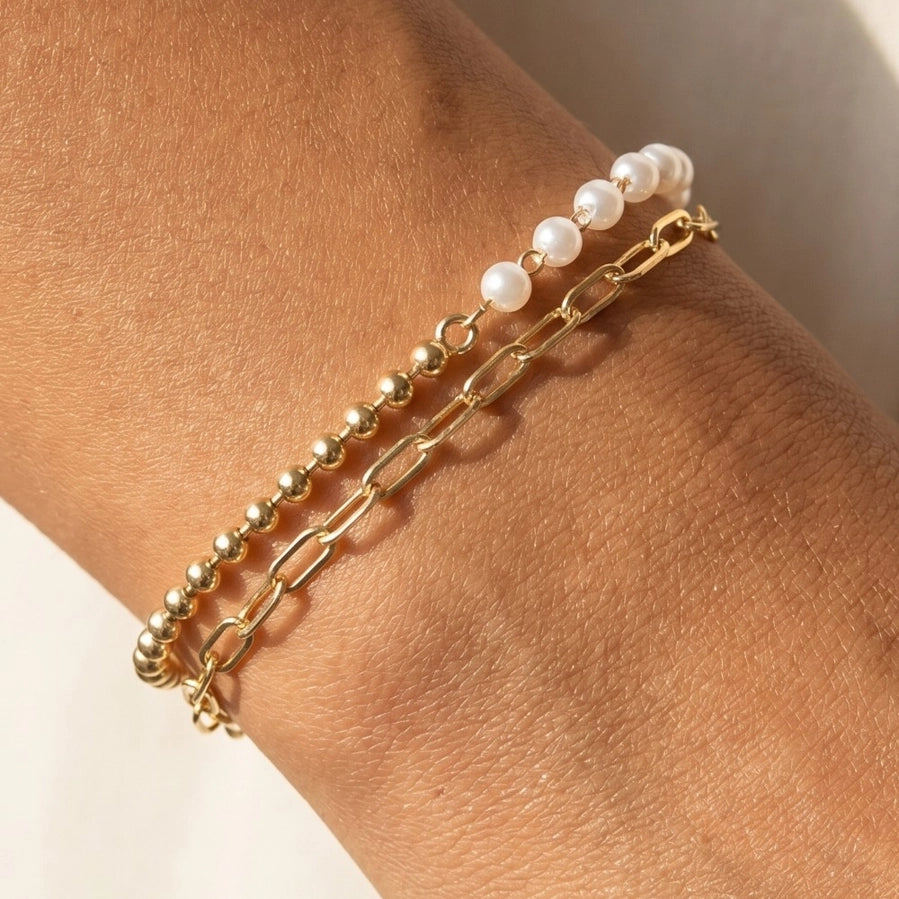Pearl Bead Double Chain Link Bracelet | Trendy Women's Jewelry