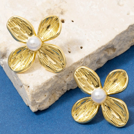 Pearl Four-Petal Flower Stud Earrings | Women's Floral Jewelry