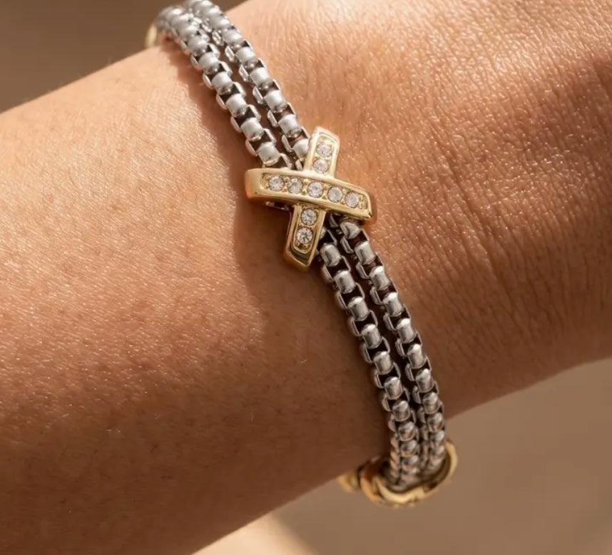 2 Tone Gold Plated Cz Pave Double Rope Chain Bracelet