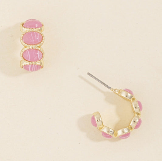 Banded Resin Cabochon Huggie Hoop Earrings