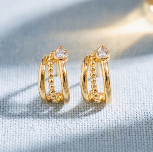 Beaded Double Band Hoop Earrings with CZ Accent