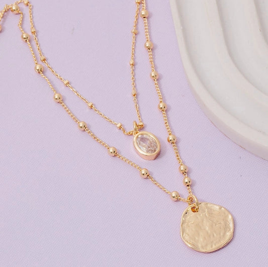Coin and Oval Cz Charm Layered Chain Necklace