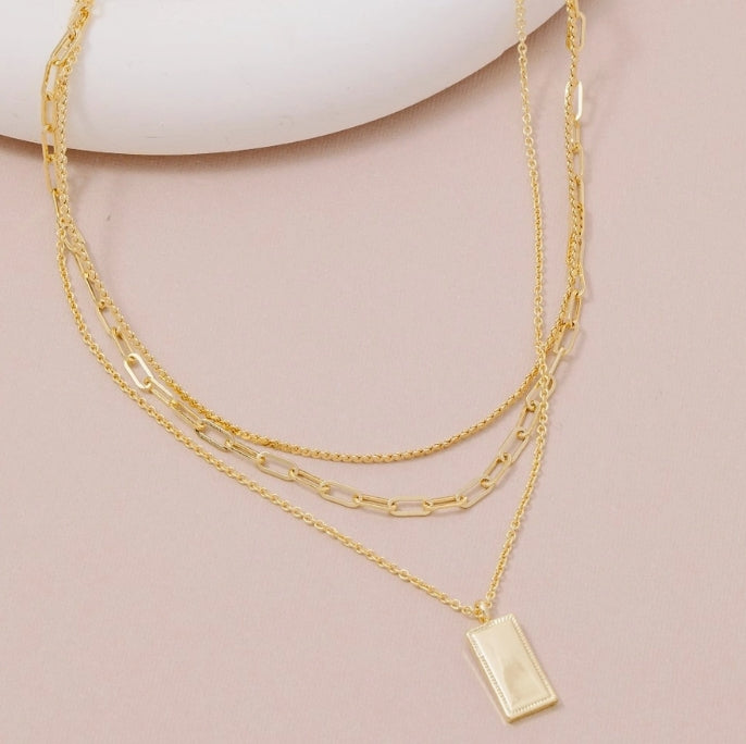 Gold Dipped Rectangle Pendant Layered Chains Necklace