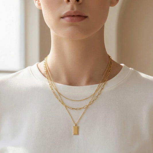 Gold Dipped Rectangle Pendant Layered Chains Necklace