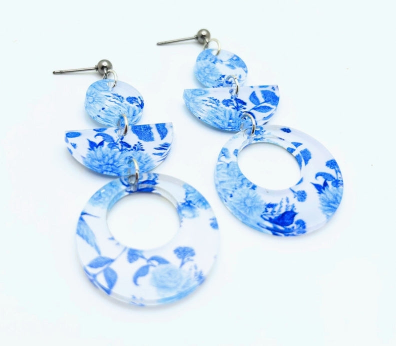 Blue and White Floral Dangle Earrings